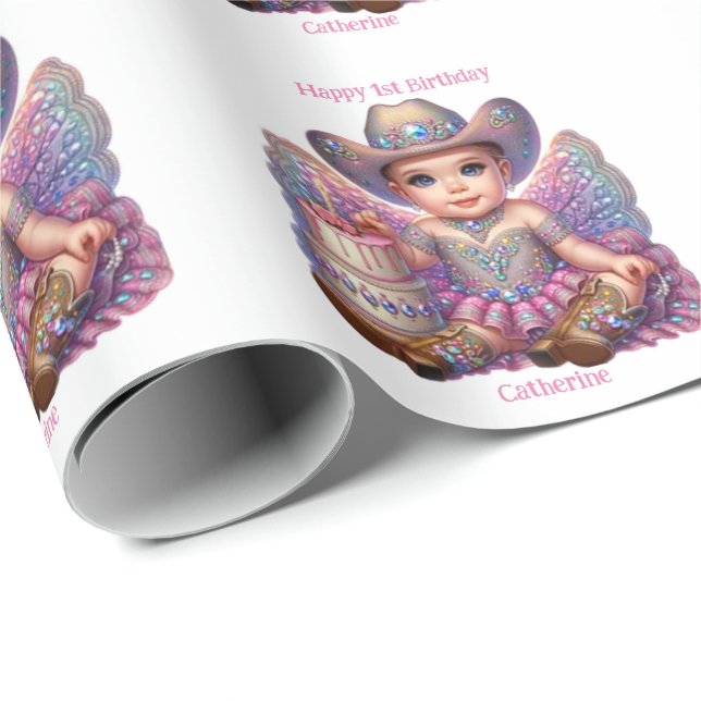 Papier Cadeau Western Cowgirl First Birday Custom (Coin rond)