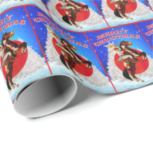Papier Cadeau Western Cowgirl Horse Winter Scene Joyeux Noël