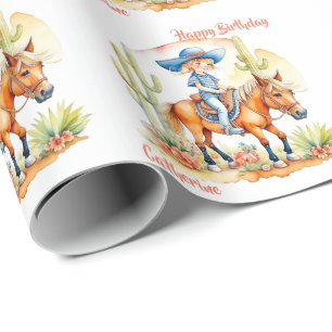 Papier Cadeau Western Cowgirl on Horse Anniversaire personnalisé