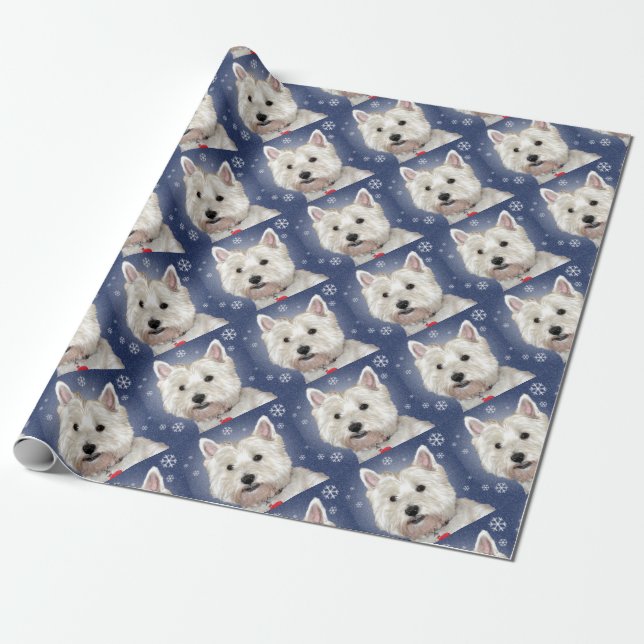 Papier Cadeau Westie BLEU de NOËL (Déroulé)
