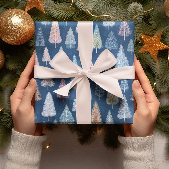 Papier Cadeau Whimsical Blue Christmas Trees Wrapping Paper  (Créateur téléchargé)