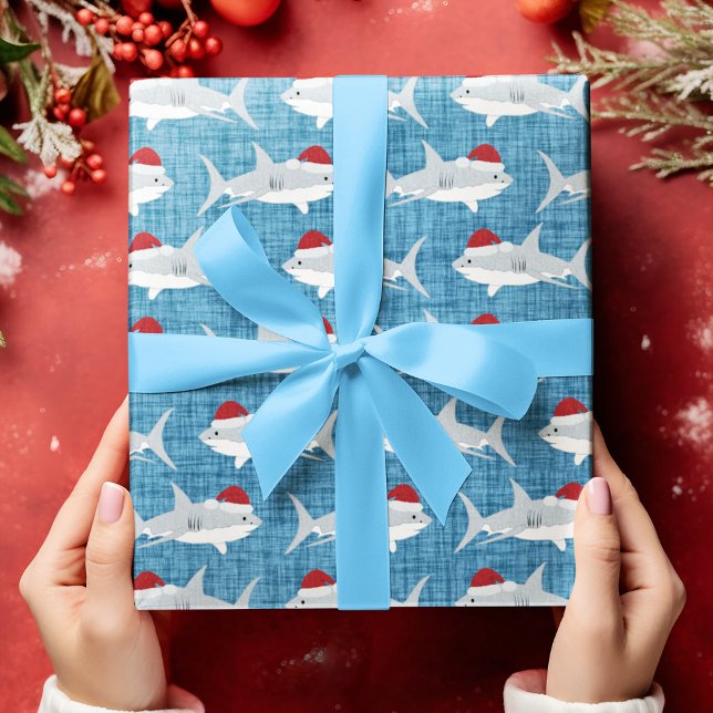 Papier Cadeau Whimsical Blue Shark Santa Hat Design (Shark Santa Blue Fabric Look Background Wrapping Paper)