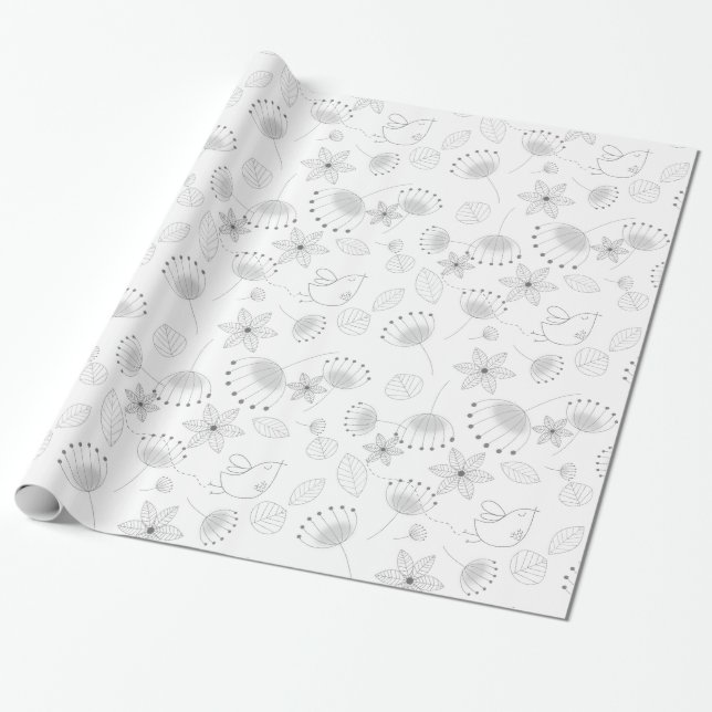 Papier Cadeau Whimsical Cute Floral and Bird Pattern on White (Déroulé)