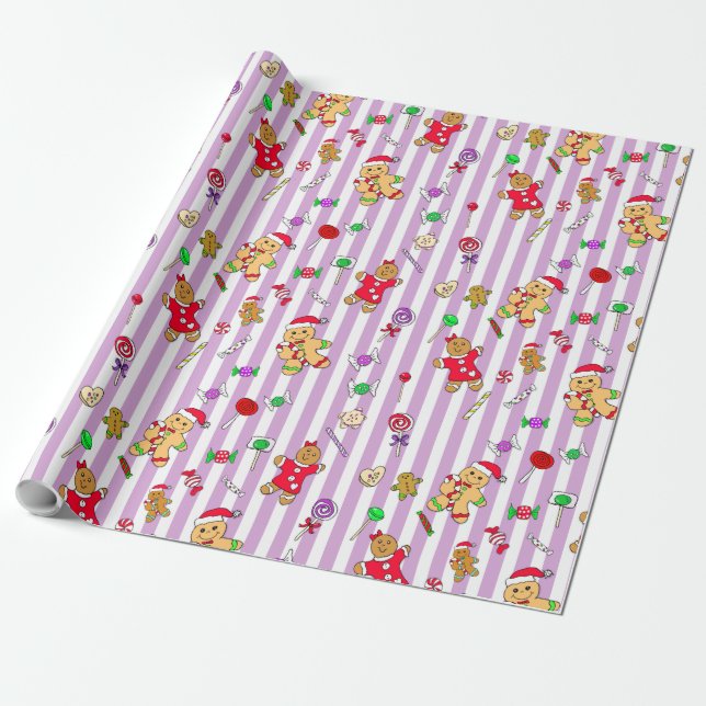 Papier Cadeau Whimsical Gingerbread Hommes et Christmas Candy (Déroulé)