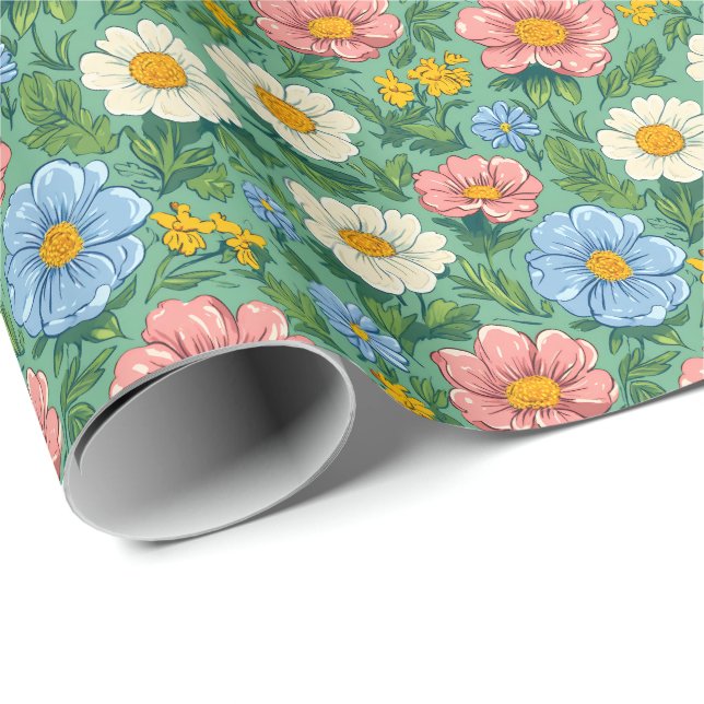 Papier Cadeau Whimsical Pastel Ditsy Floral Meadow Motif (Coin rond)