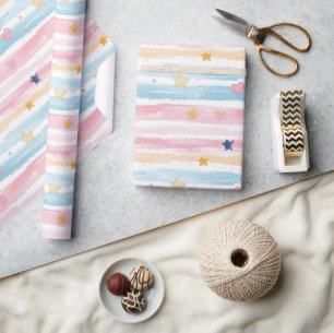 Papier Cadeau Whimsical Pastel Striped Heart et Star Motif De