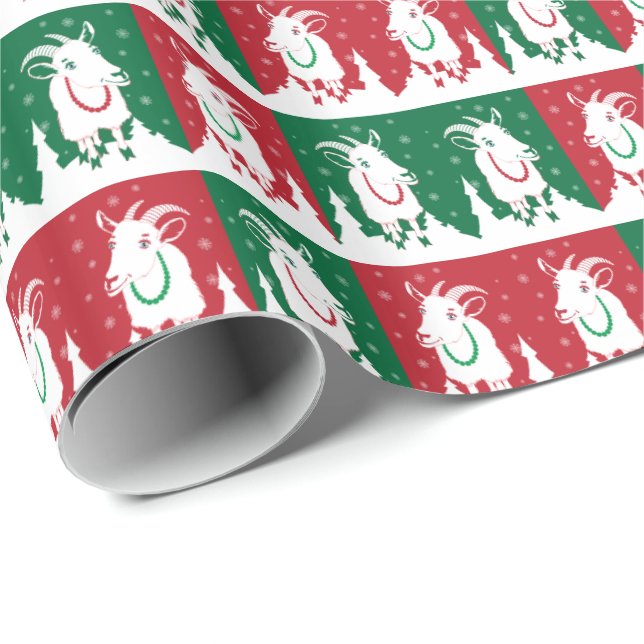 Papier Cadeau Whimsical Red et vert chèvre de vacances enveloppé (Coin rond)