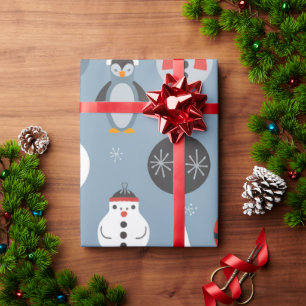 Papier Cadeau Whimsical Santa and Penguin Christmas Pattern