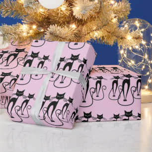 Papier Cadeau Whimsical Skinny Chat noir rose