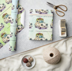 Papier Cadeau Whimsical Vintage Car Mariage Félicitations