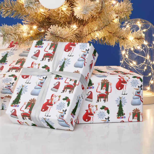 Papier Cadeau Whimsical Winter Tree with Santa and Snowman (Vacances)