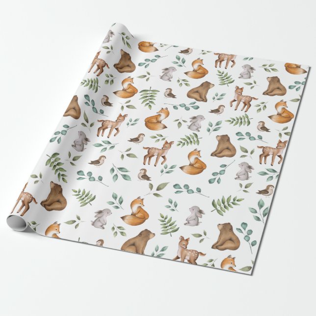 Papier Cadeau Whimsical Woodland Forest Animaux Motif de verdure (Déroulé)