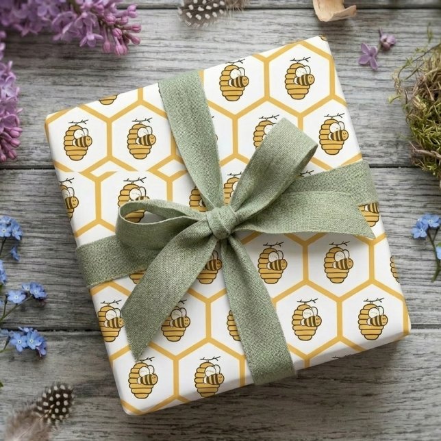 Papier Cadeau Whimsical Yellow Beehive and Bumblebee Pattern (Springtime beehive pattern wrapping gift)