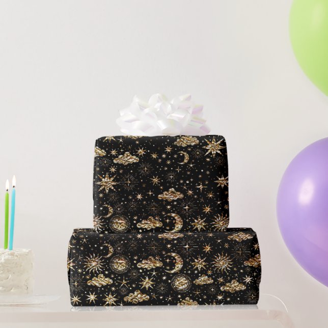 Papier Cadeau Whimssical Star Moon Planètes Or sur Noir (Cadeaux de fête)