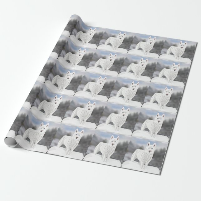 Papier Cadeau White Husky contre un Arrière - plan d'hiver  (Déroulé)