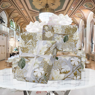 Papier Cadeau White Magnolia Silver Gold Ferns Floral Wedding