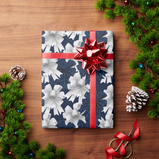 Papier Cadeau White Navy Blue Bows Holiday (Cadeau de vacances)