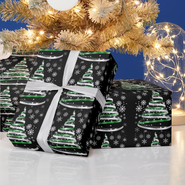 Papier Cadeau White Snowflake Silver Green Ribbon Christmas Tree (Vacances)