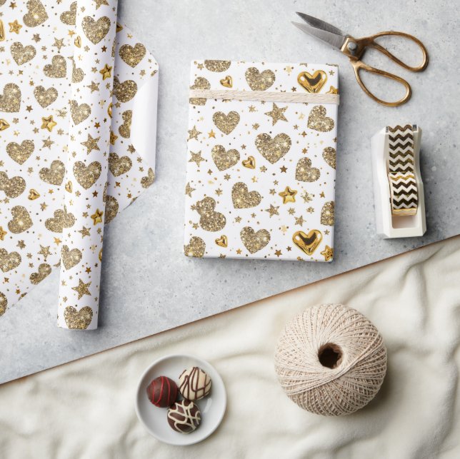 Papier Cadeau White With Gold Sparkle Hearts (Artisanat)