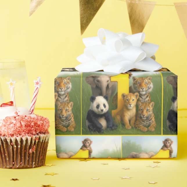 Papier Cadeau Wildlife Animal Babies With a Number One (Fête d'anniversaire)