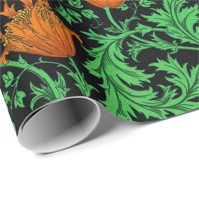 Papier Cadeau William Morris Anemone, orange, vert et noir (Coin rond)