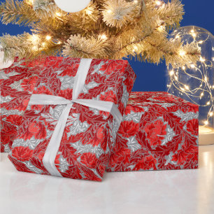 Papier Cadeau William Morris Floral, Deep Red et Silver Grey