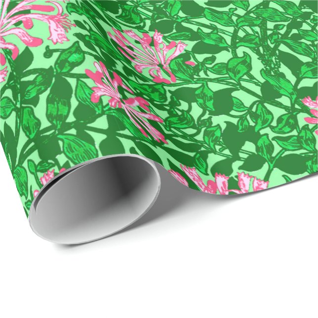 Papier Cadeau William Morris Honeysuckle, rose et vert (Coin rond)
