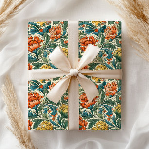 Papier Cadeau William Morris inspiré cuivre pastel vert jaune