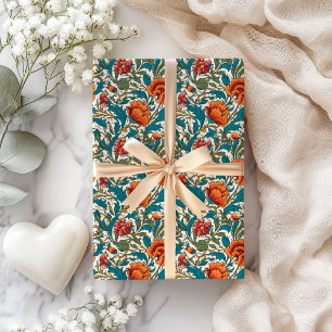 Papier Cadeau William Morris inspiré terre cuite pastel bleu
