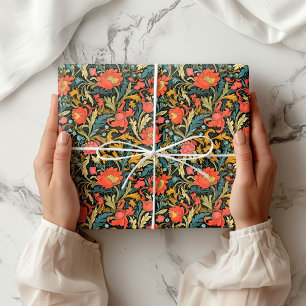 Papier Cadeau William Morris inspiré terre cuite pastel bleu