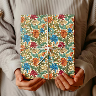 Papier Cadeau William Morris inspiré terre cuite pastel bleu