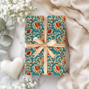 Papier Cadeau William Morris inspiré terre cuite pastel bleu