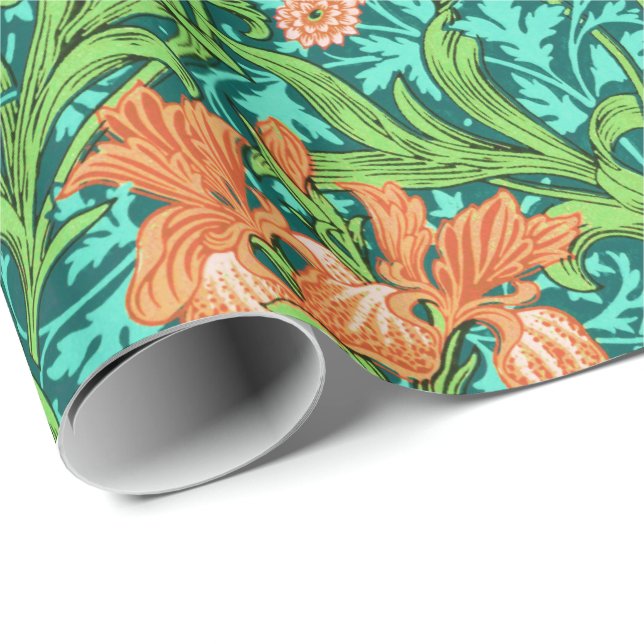 Papier Cadeau William Morris Irises, Orange et Turquoise (Coin rond)