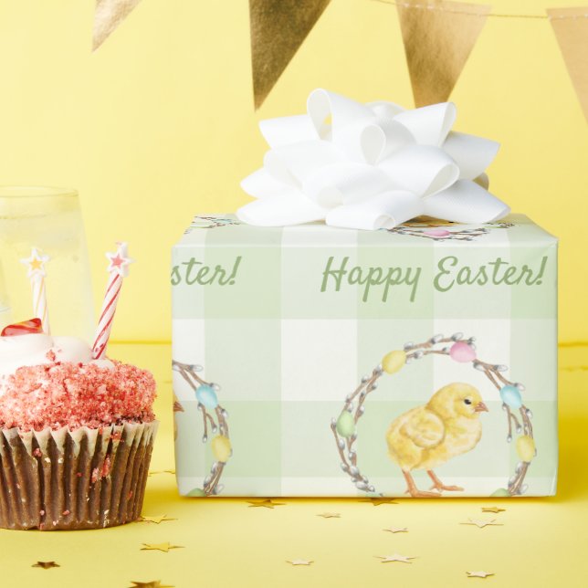 Papier Cadeau Willow Wreath And Chick Happy Easter Green Gingham (Fête d'anniversaire)