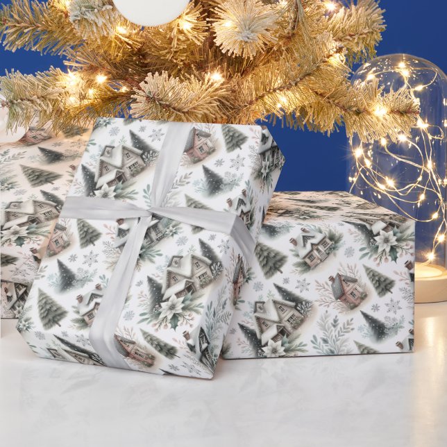 Papier Cadeau Winter Cottage Snowfall Pattern (Vacances)