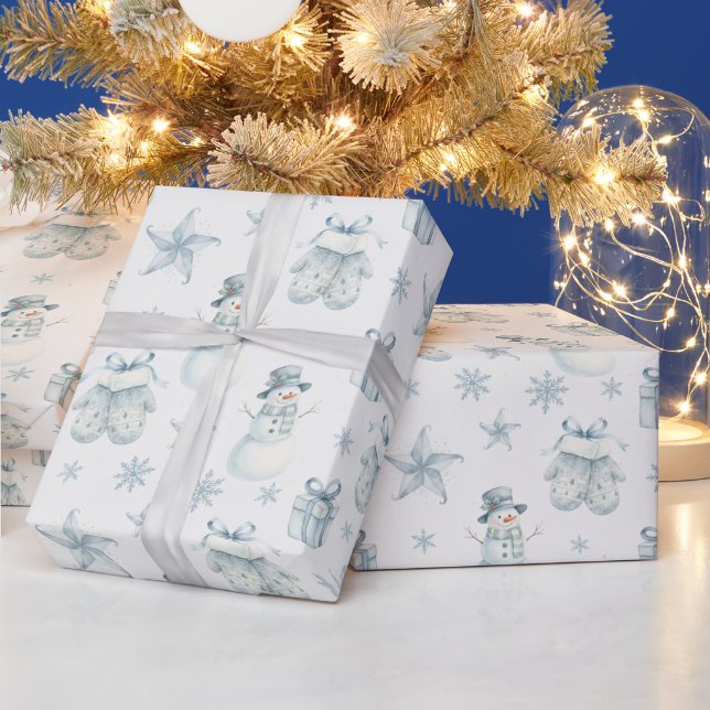Papier Cadeau Winter Mittens & Snowman Blue Christmas Gift (Vacances)