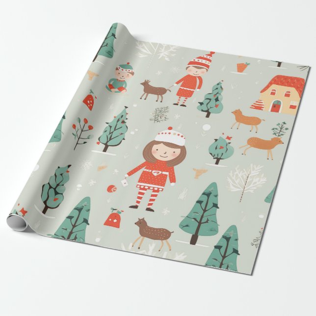 Papier Cadeau Winter Wonderland Storybook Scène (Déroulé)
