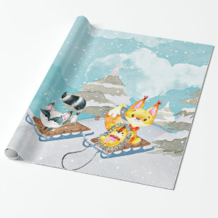 Papier Cadeau Winter Woodland Friends -Fox Hedgehog Illustration