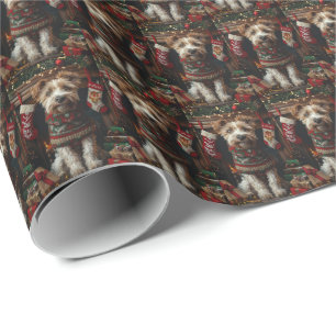 Papier Cadeau Wolfhound Chien avec les cadeaux de Noël cheminée