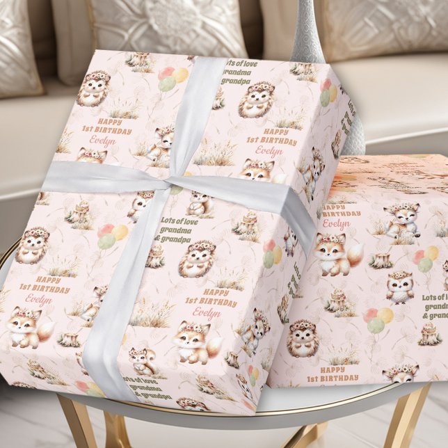 Papier Cadeau Woodland Animals Pastel Girl Anniversaire Nom (Woodland Animals Pastel Girl 1st or any Birthday custom Name Wrapping Paper)
