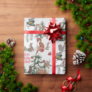 Papier Cadeau Woodland Snowman Deer Fox Noël Wings Grey