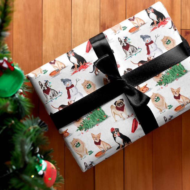 Papier Cadeau Woofy Christmas mignon Aquarelle Chiens coquins (Woofy Christmas Cute Watercolor Naughty Dogs Wrapping Paper)