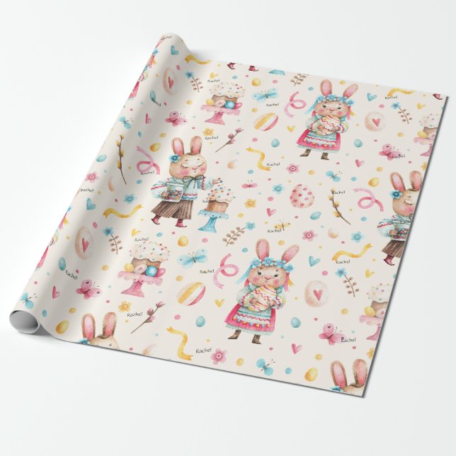 Papier Cadeau WP | Nom, Garçon Fille Gâteaux de lapin de Pâques  (Déroulé)