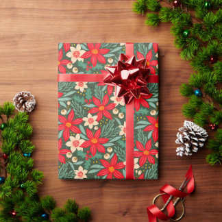 Papier Cadeau Wrapping paper for Christmas with red poinsettia.