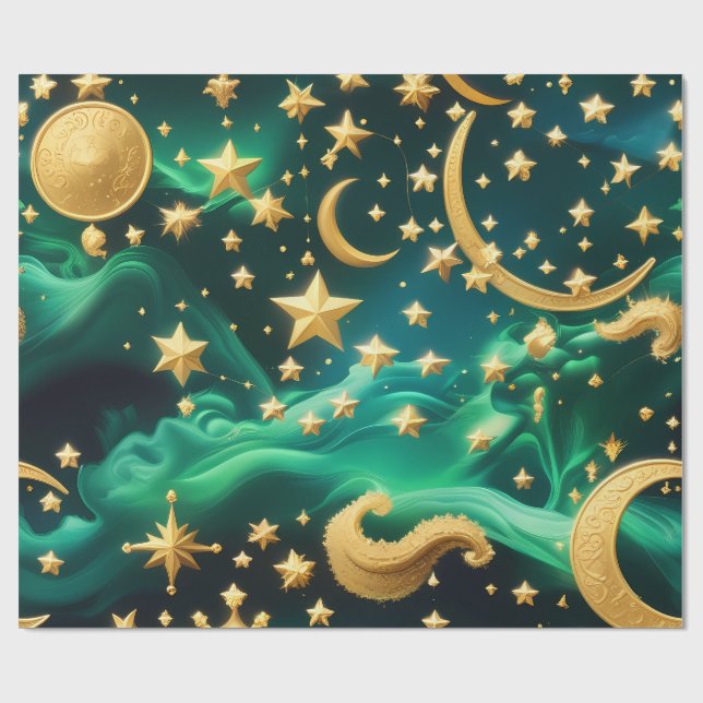 Papier Cadeau Wrapping Paper – Luxury Emerald Celestial Moon  (Plat)