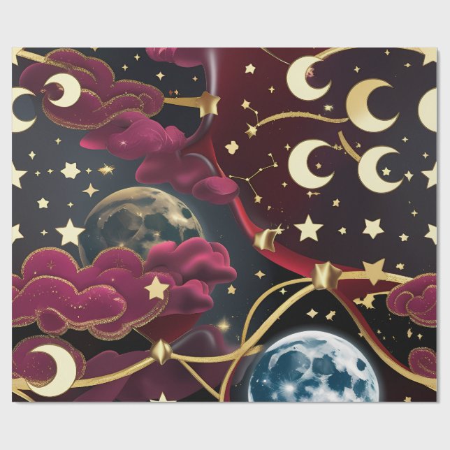 Papier Cadeau Wrapping Paper - Red Celestial Moon Design (Plat)