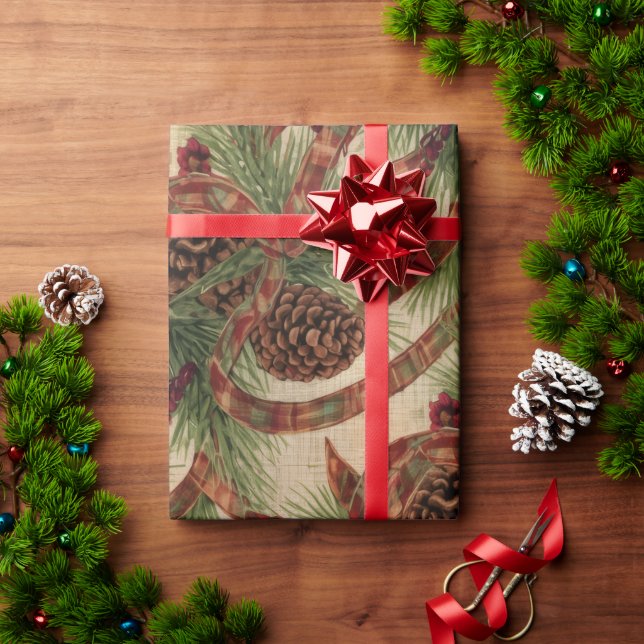 Papier Cadeau Wrapping Paper Rustic Pinecone Holiday Ribbon (Cadeau de vacances)