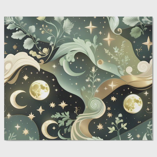 Papier Cadeau Wrapping Paper - Sage Green Celestial Moon (Plat)