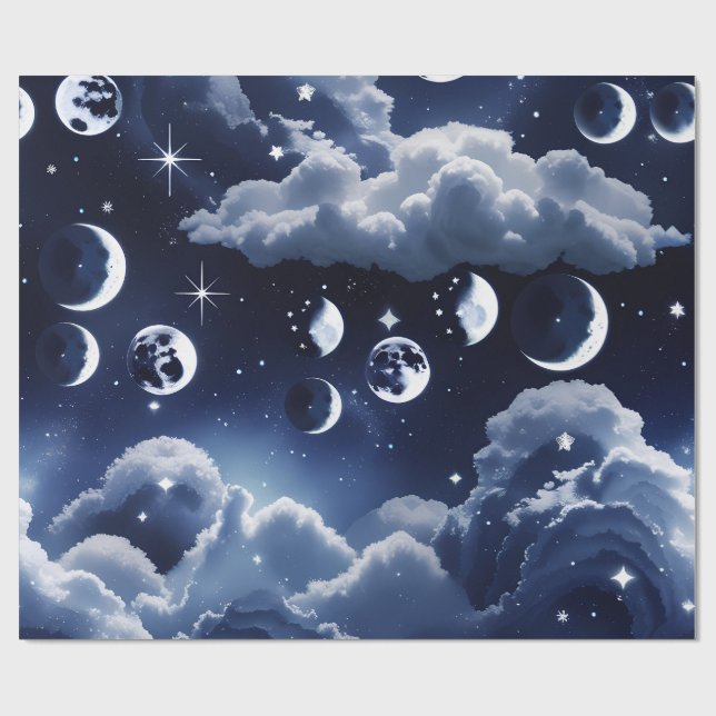 Papier Cadeau Wrapping Paper - Silver Celestial Moon Design (Plat)
