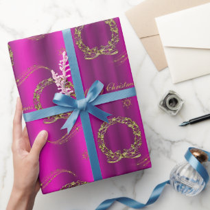 Papier Cadeau Wreath or et Stars Noël rose